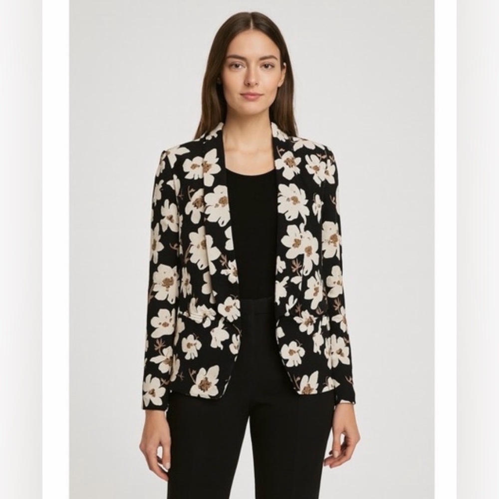 LOFT Black Floral Blazer Jacket S Open Front‎ Lightweight Preppy Academia 78-26